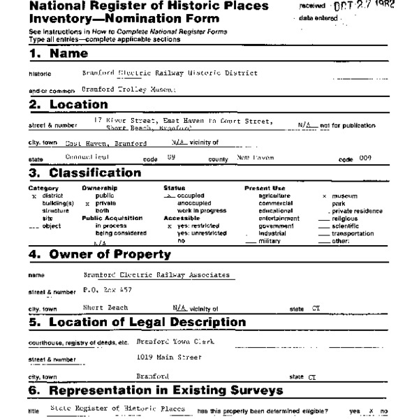 National Register of Historic Places Inventory Nomination Form, Branford Electric Railway
